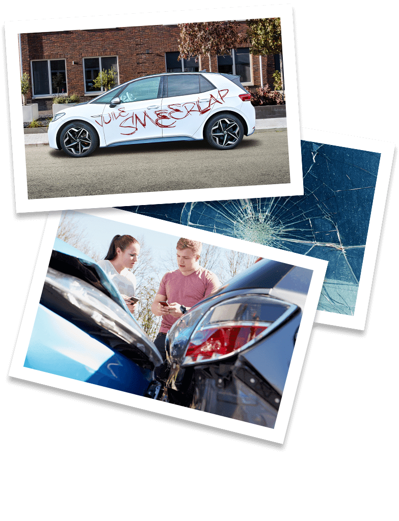 Een auto met lakschade, een autoruit met barsten en twee auto's in botsing.